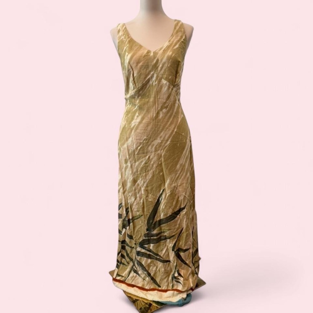 NWT‎ Ivy Yellow & Green Tropical Print Linen Blend Maxi Dress V-Neck Zip Back 10